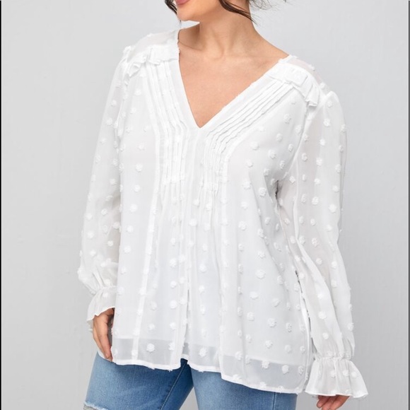 Boho Plus Size Swiss Dot Sheer Mesh Flounce Sleeve Top Blouse - Picture 3 of 5